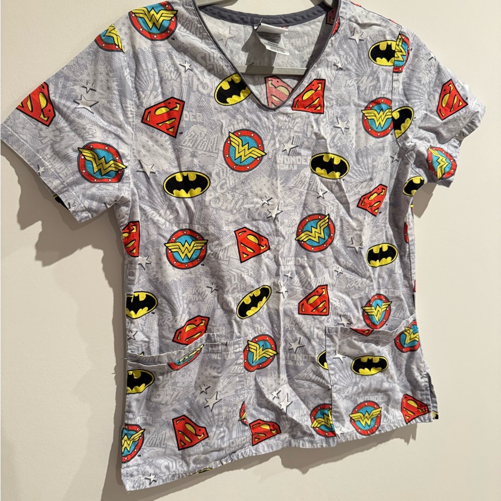 Superhero Themed Gray Scrub Top
